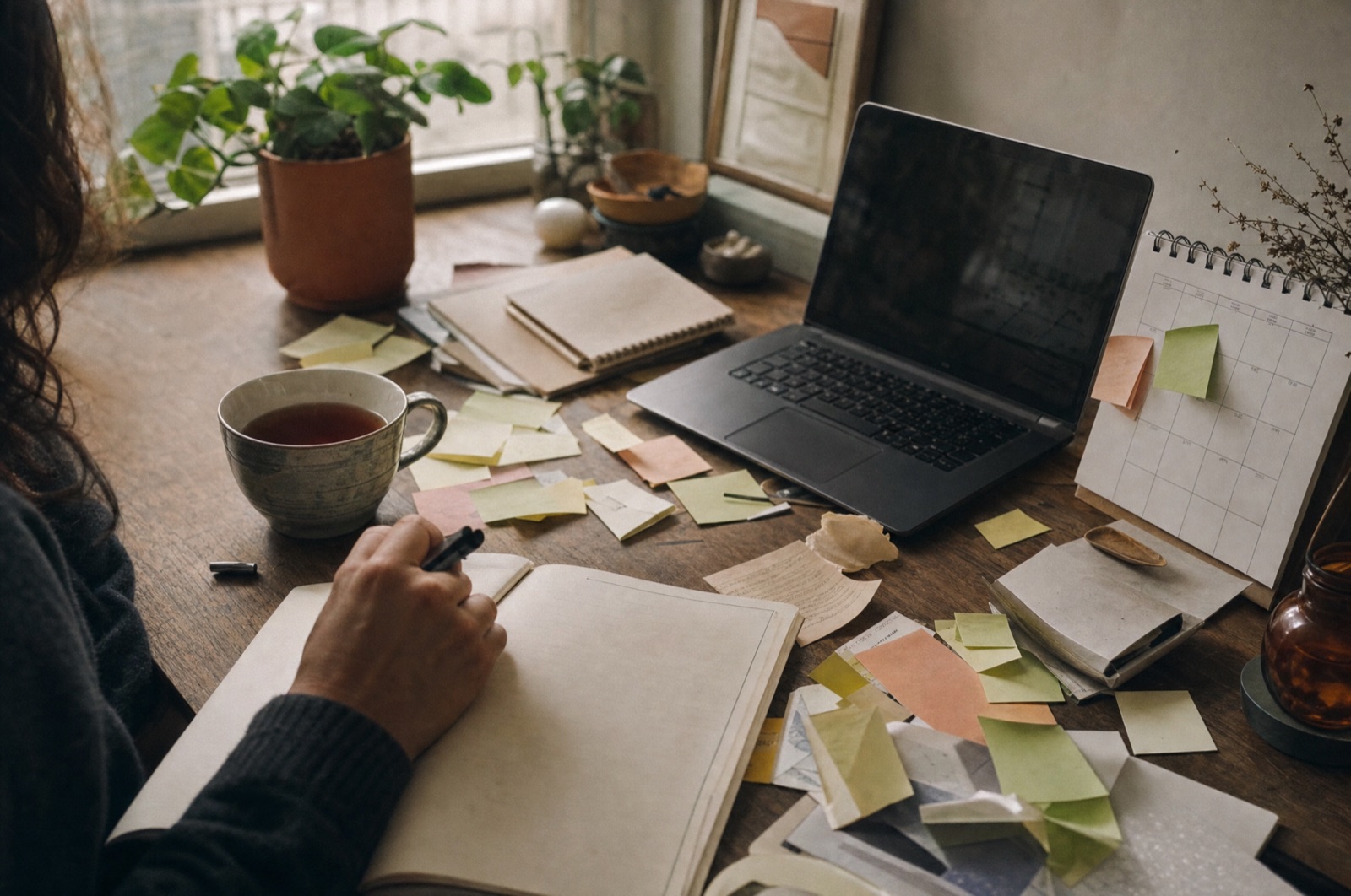 Practitioner workspace with notes, laptop, tea, and planning materials